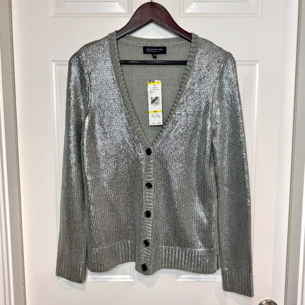 Jones New York Silver Metallic 5 Button Cardigan NWT, Size Petite Medium
